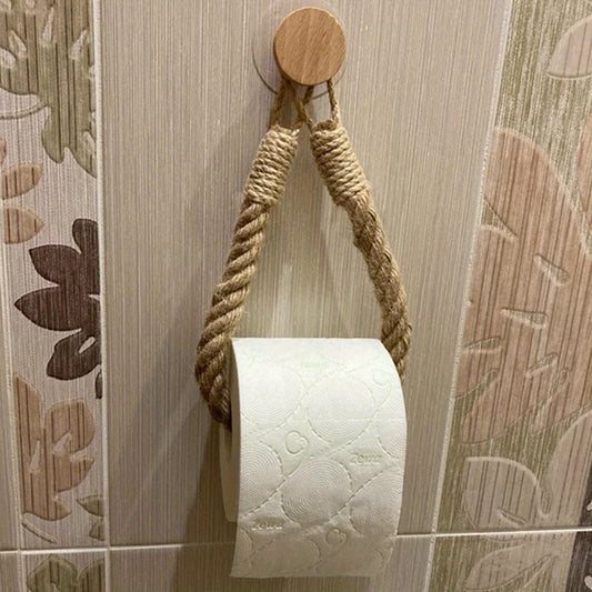 Porte-papier toilette en corde de chanvre et bois massif