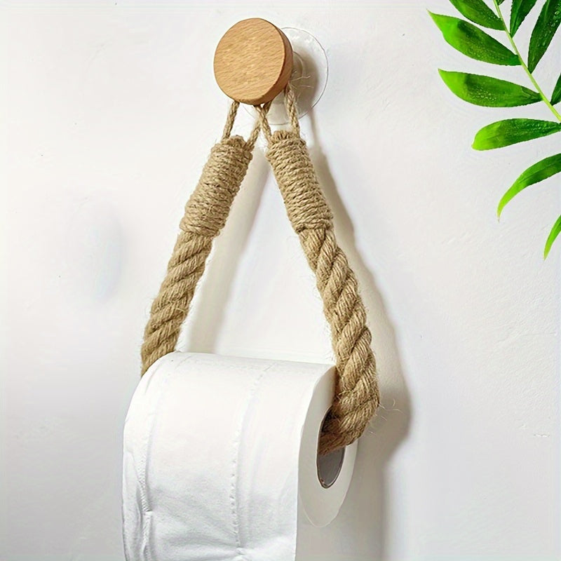 Porte-papier toilette en corde de chanvre et bois massif
