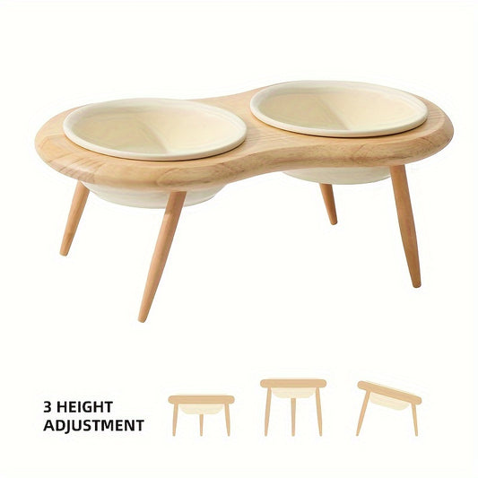 Ceramic Cat Bowls with Oak Wood Stand - Adjustable Height Double Feeder Dish for Cats of All Ages and Sizes
