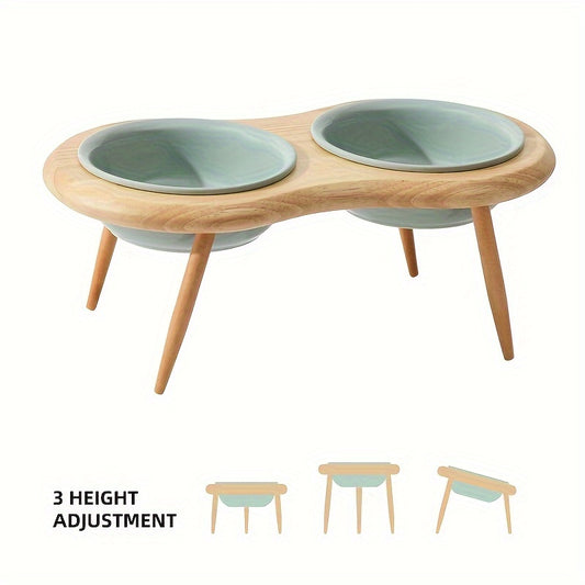 Ceramic Cat Bowls with Oak Wood Stand - Adjustable Height Double Feeder Dish for Cats of All Ages and Sizes