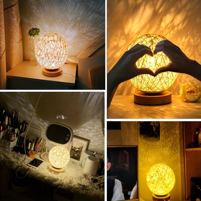 Lampe de nuit LED boule en rotin rustique